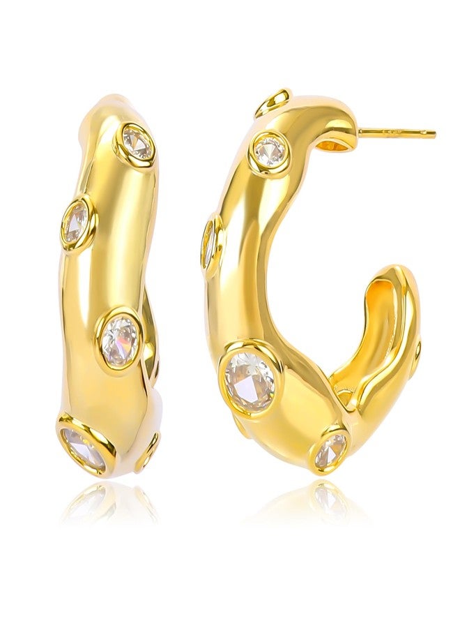 MOONWALTZ Gold Hoop Earrings for Women 14K Gold Plated Irregular Cubic Zirconia Chunky Hoop Earrings Sparkly Round CZ Simple C Shaped Open Hoop Statement Earrings Trendy Post Earrings Jewelry Gift for Women - Image 1